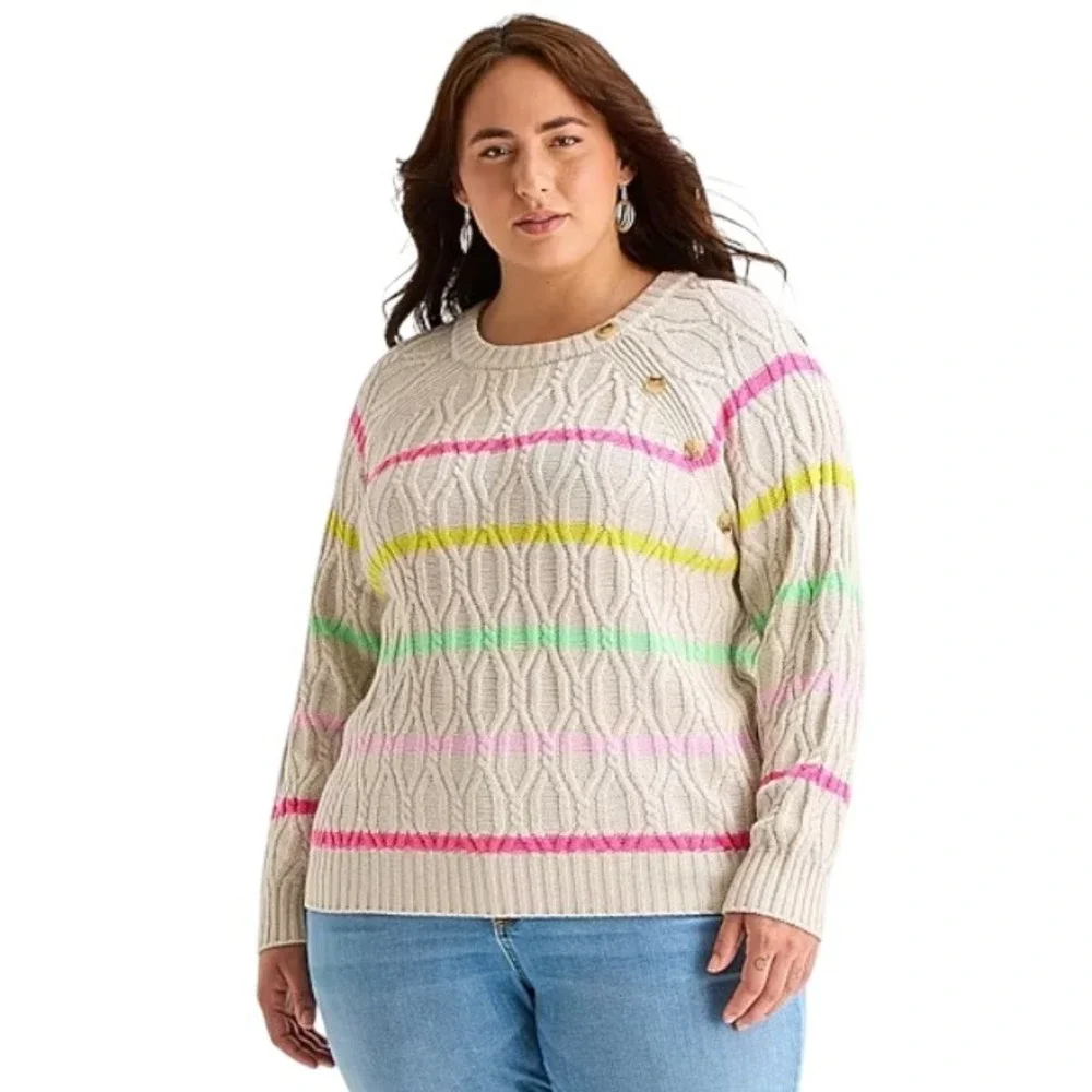 St. John's Bay Sweater Womens XXL Oatmeal Beige‎ Striped NWT Button Cable Knit